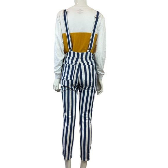 Akira Chicago Womens Striped Jumpsuit Stretch Pockets White Blue Size Large - Picture 3 of 11